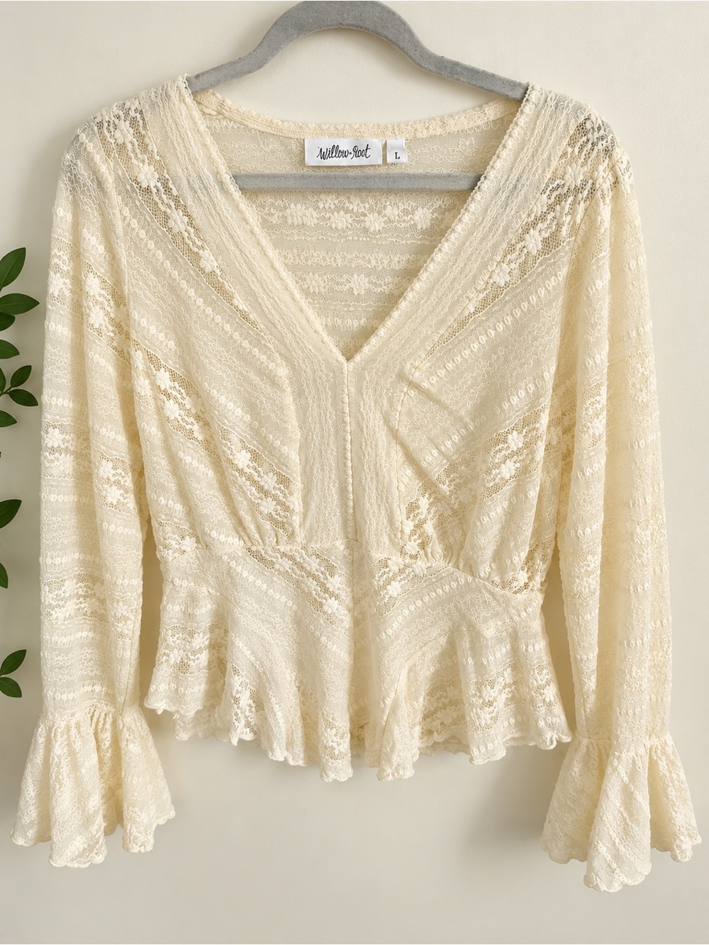 Cream Lace V-Neck Peplum Blouse
